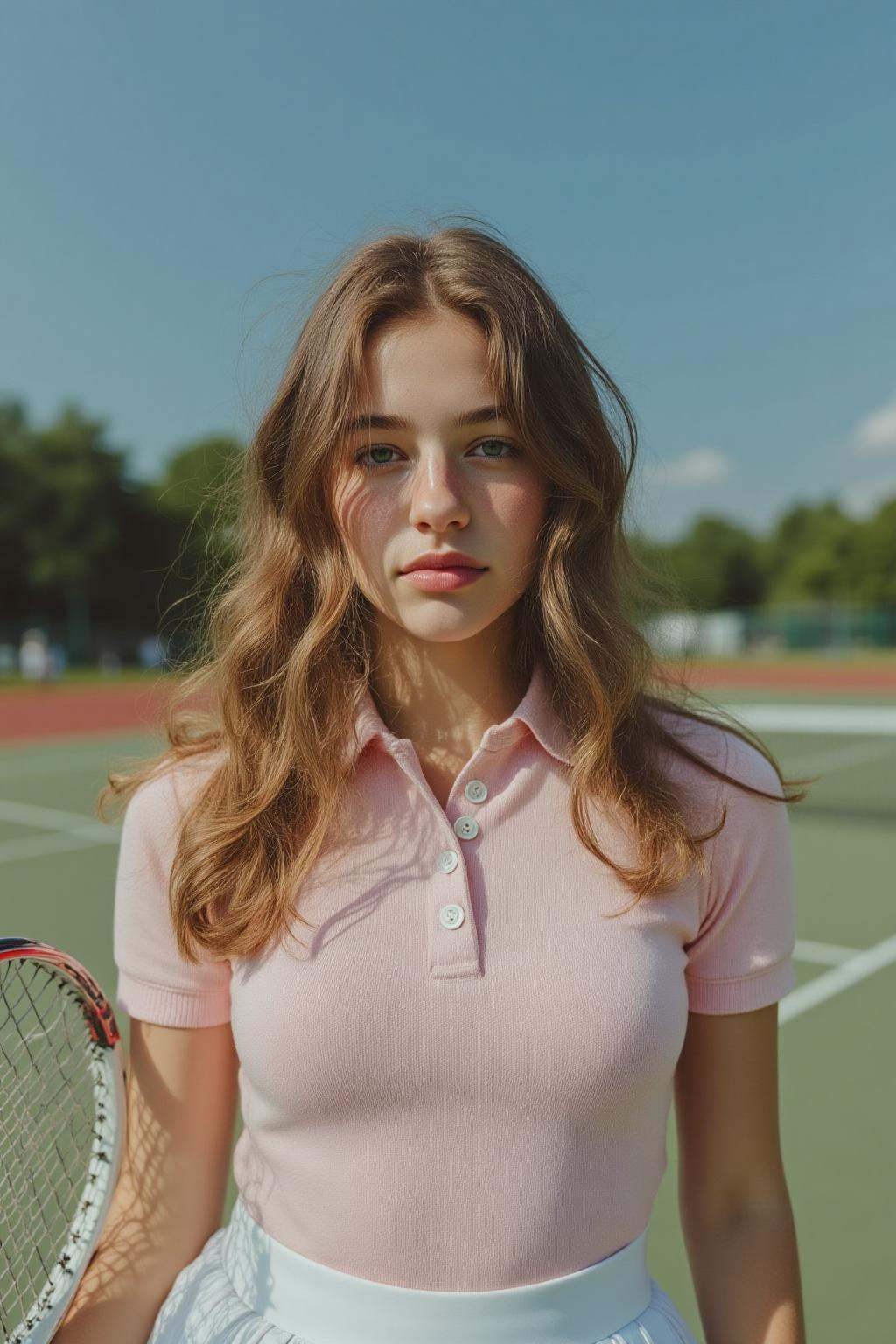 midjourney photograph.An English teenager is standing on a tennis court,  looking directly at the viewer. She has long,  w...