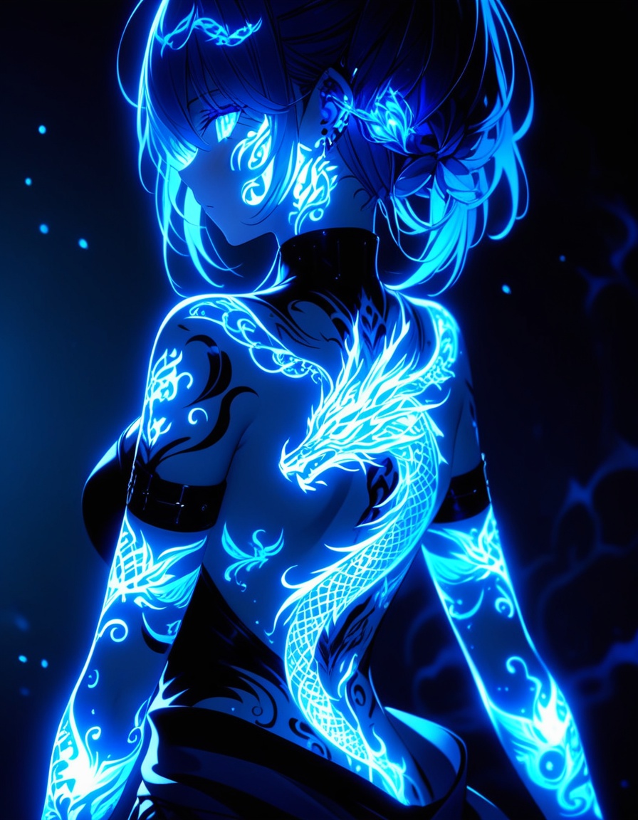 A full body 3D CG ART anime-style character with glowing blue tattoos covering their arm and face and back,  emitting a my...