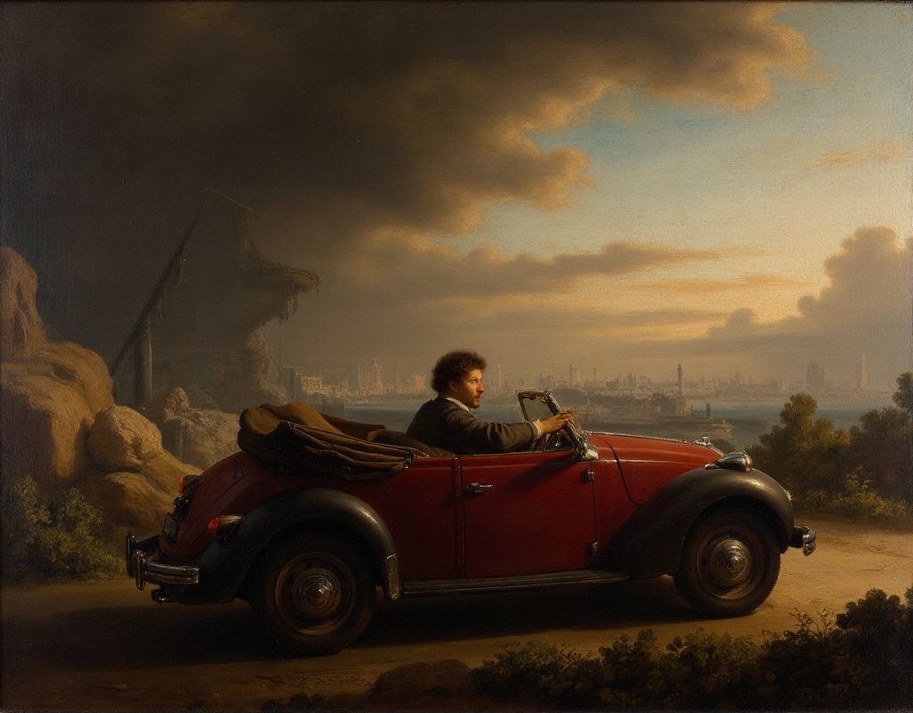 rembrandt style,  painting. a man driving a convertible on Tensor.Art