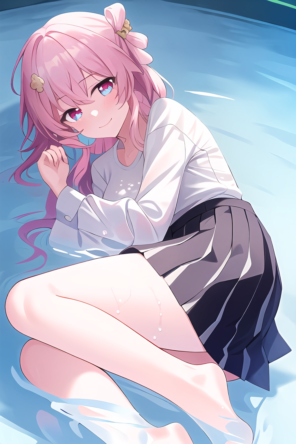 <lora:march-000017:0.8>,masterpiece,best quality,simple background,march7th,multicolored eyes,sad,gloom,smile,closed mouth,1girl,solo,white_shirt,cropped_shirt,skirt,striped_skirt,lying,hair ornament,looking at viewer,on side,feet,no shoes,long sleeves,water,ripples,