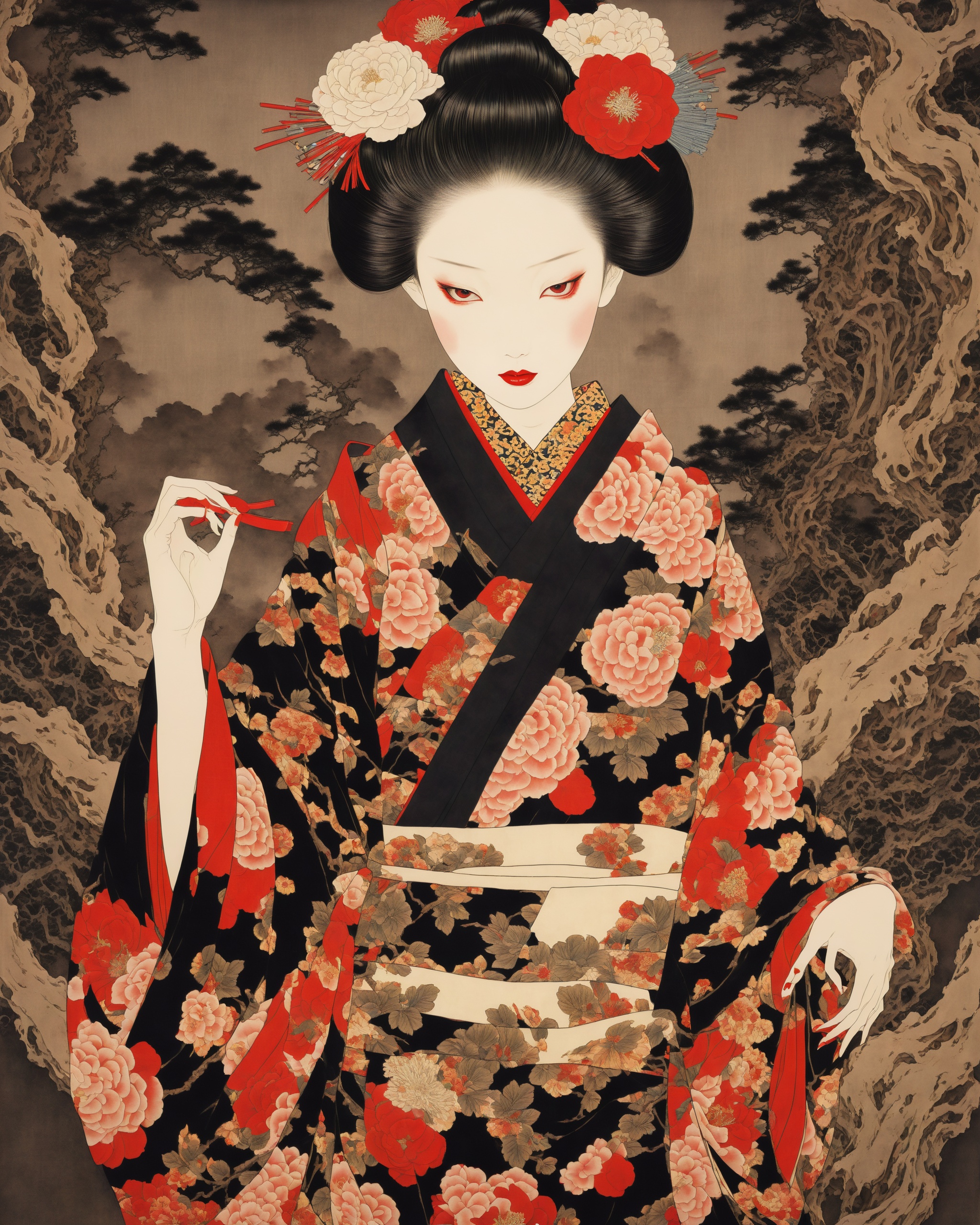 japanese horror,  floral print,  flower on Tensor.Art