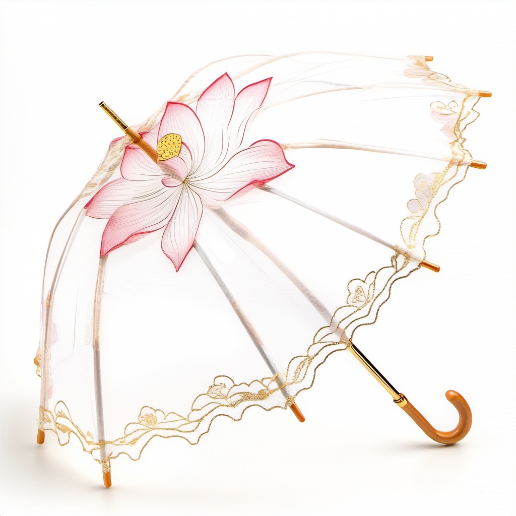 san, umbrella,A see-through umbrella with a floral design flaunts a pink and white lotus flower on its handle. It's decked out with gold floral patterns and lace-like edges. The wooden handle is a light brown color, and the background is plain white.,<lora:sanv1:0.8>