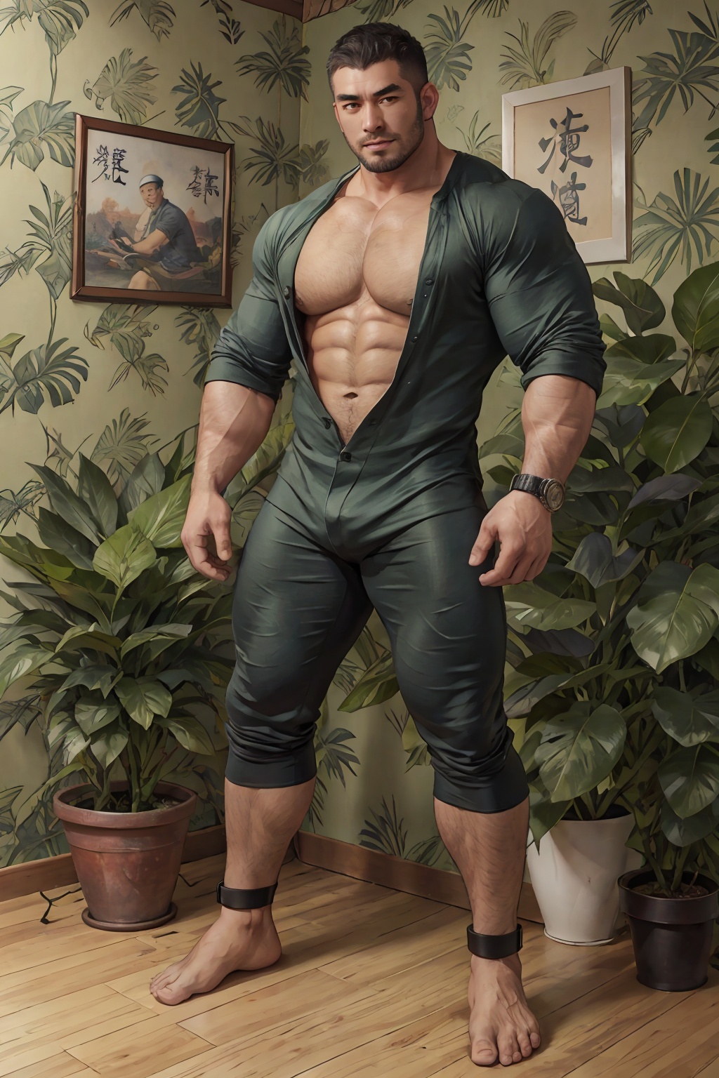 1man,Muscle man,(chinese man:1.2),crew cut,artbook,game cg,(handsome wataru,man:1.1),asian man,black hair,real,beefy,puffy chest,mature man,Thick eyebrows,potted plant,wallpaper,High quality,Ultra detailed,best quality,insanely detailed,beautiful,masterpiece,ultra high definition,masterpiece,8k,Ultra clear,(full_body:1.6),dynamic_angle,<lora:unionsuit_v250:0.6>,union suit,anklet,