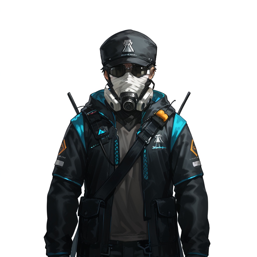 (white background:1.2),looking at viewer,(SOLO:1.4),outline,simple background,upper body, cowboy shot,looking at viewer,(((arms at side))),  Rhodes Island uniform,logo, uniform, sneakers,arm wrap, long sleeves, backpack, armor, official alternate costume, black pants, black jacket,black coat,gas mask, pants, black gloves, arm wrap, gloves, fingerless gloves, jacket, hooded jacket,bandages, hat, bag<lora:luodedaozhifu-pony:0.8>