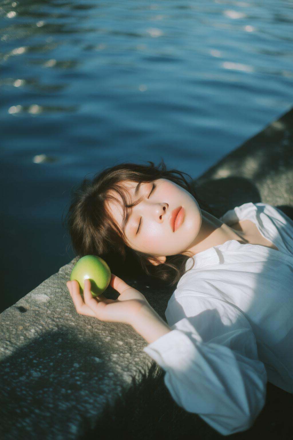 midjourneyhighangle13q High angle view. A serene outdoor scene with a young Asian woman lying with her eyes closed,  on a...