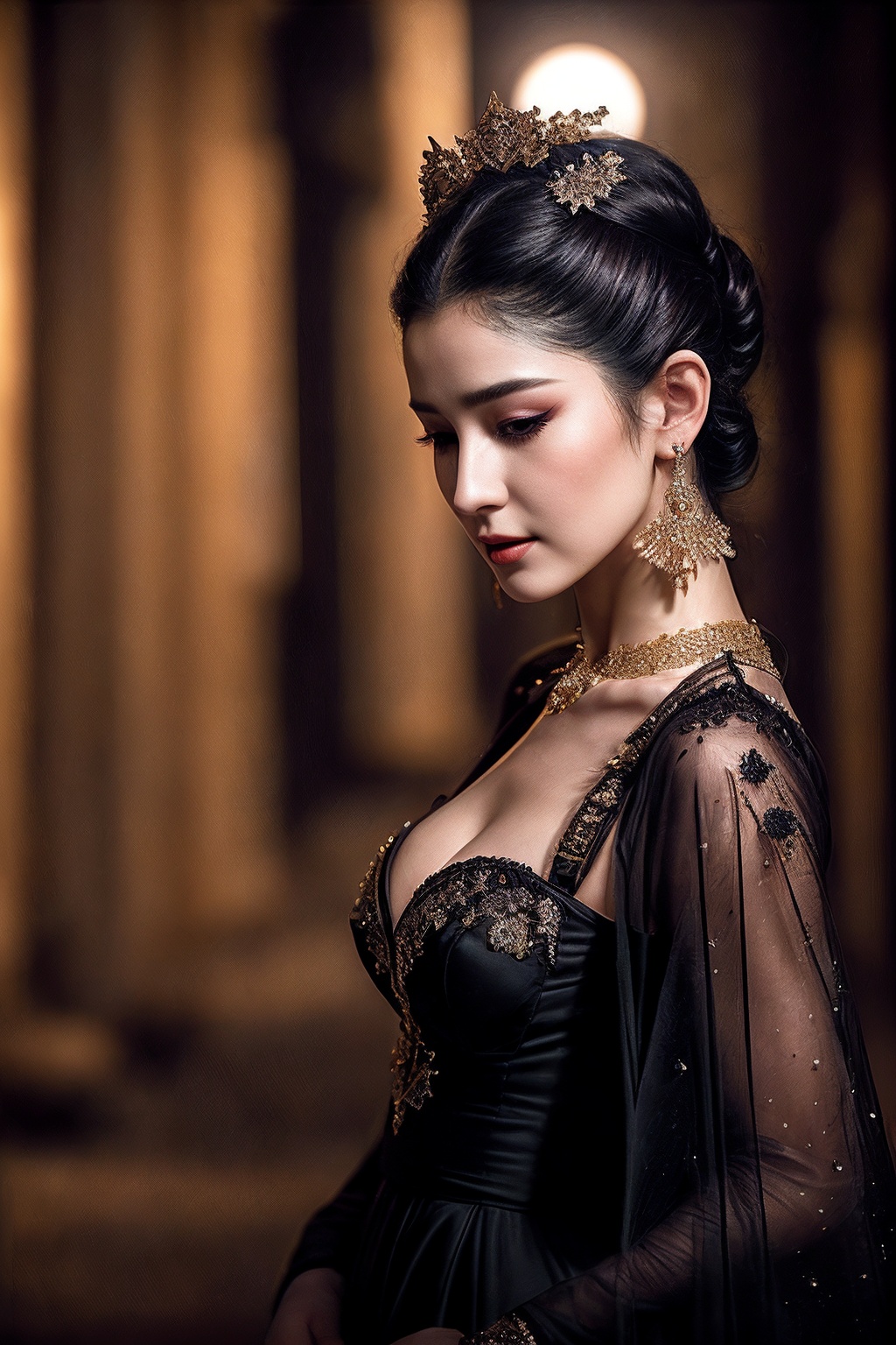 VG09_SoloTI_v1,  (Wearing a captivating black velvet gown that hugs her curves,  adorned with intricate lace detailing and...