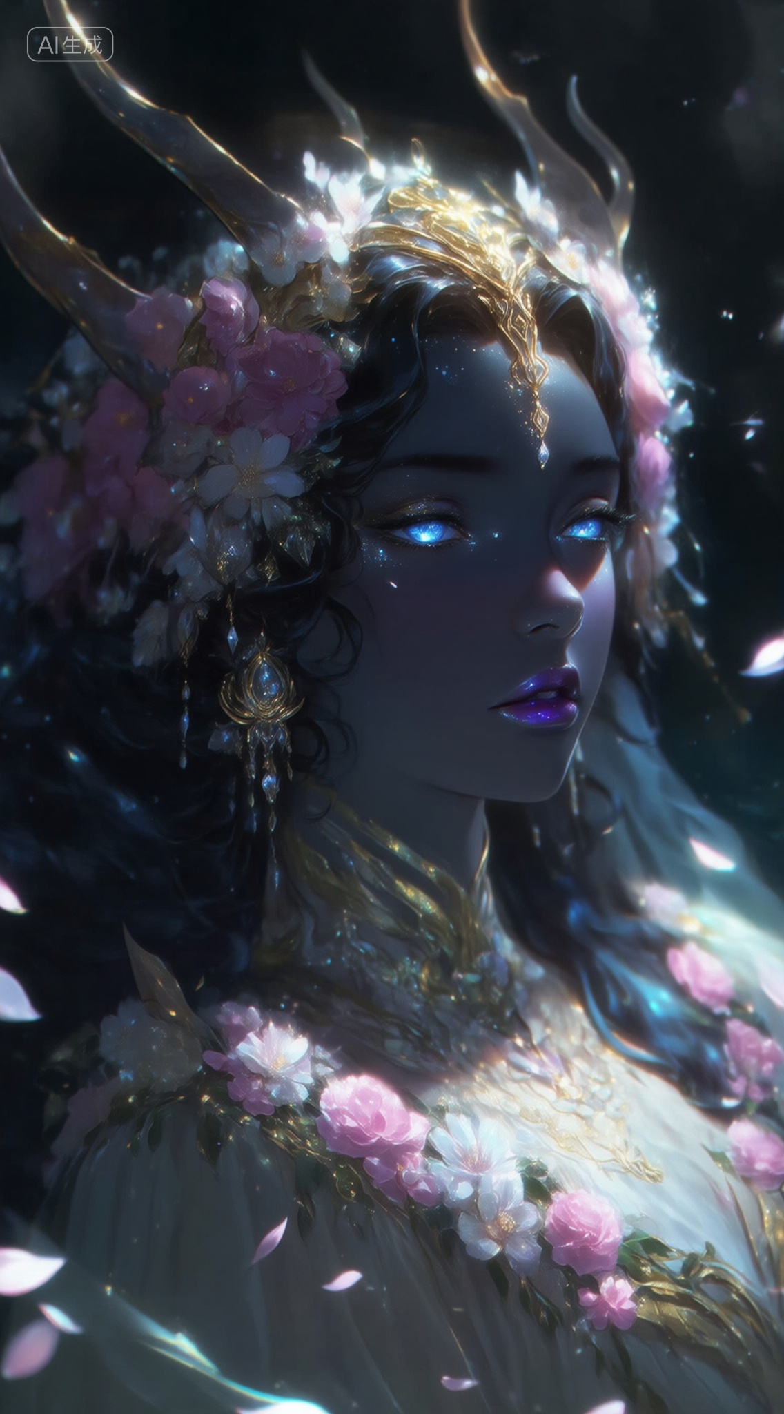 a digital illustration shoot from a close-up camera angle about a mystical female figure adorned with flowers and decorati...