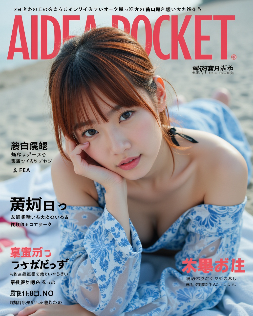 A high-quality color photograph captures a young Asian woman with small breasts. The magazine cover of a Japanese ***** vi...