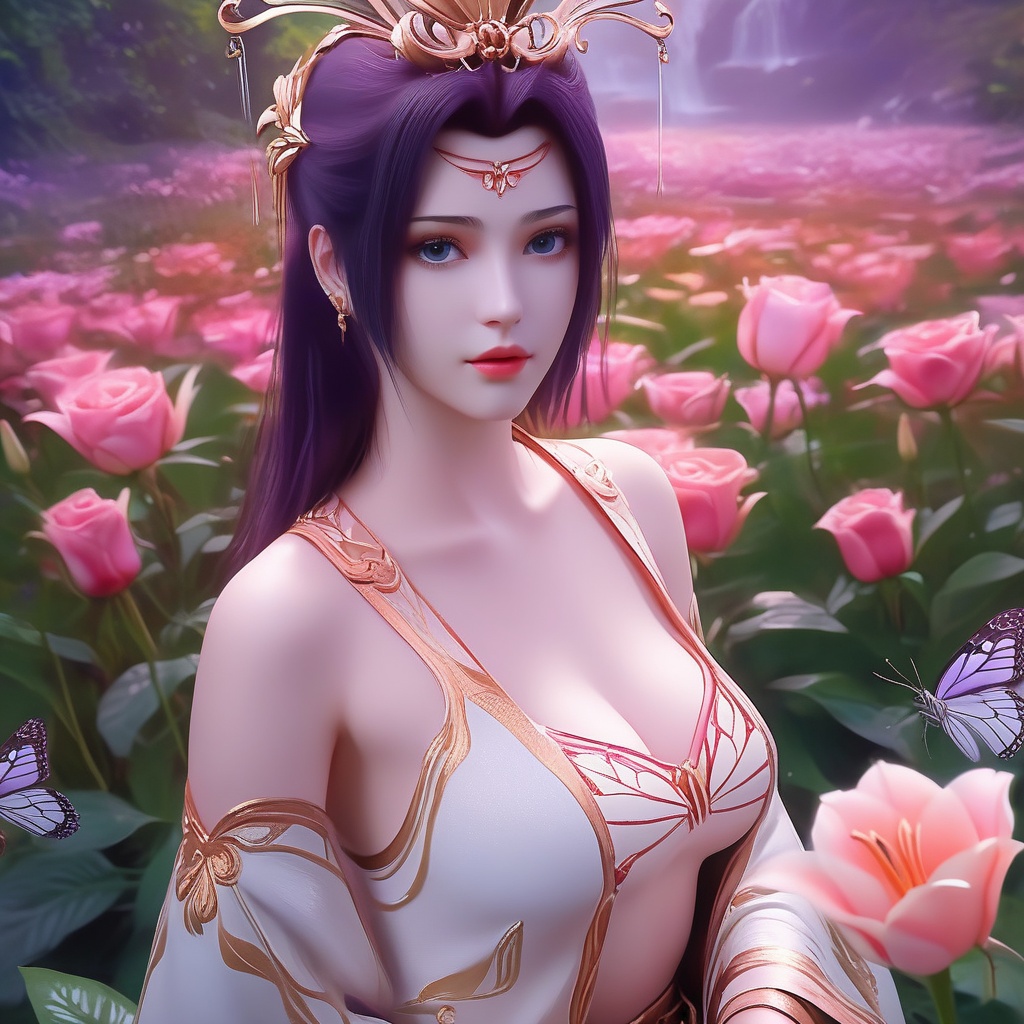 <lora:842-DA-XL-斗破苍穹-云韵-婚服:0.8>, (,1girl, ,best quality, ),,  ,ultra detailed 8k cg,ultra realistic 8k cg,1girl, solo,(bare shoulders:0.85),(masterpiece, best quality),((oil painting style)),sexy young lady,(beautiful face and eyes),(upper body:1.5),(whole body:1.05),(single person:1.2),surrounded by flowers, (lily), roses, floret, vegetation, white, purple, purplish pink,Impressionism,colorful,(Breast size:1.3),(cleavage),, butterfly,(sit),