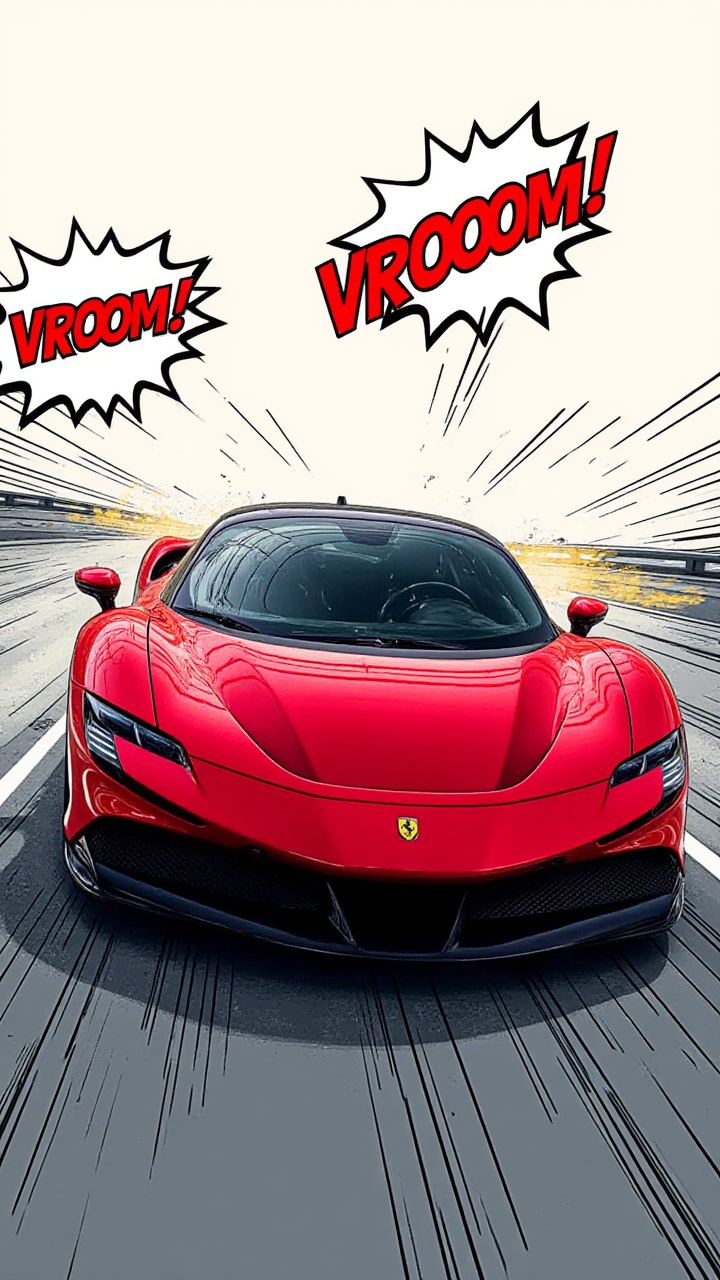 A comic-book style poster of the aidmaFerrariSF90 mid-race,  with exaggerated motion lines and comic-style sound effects l...