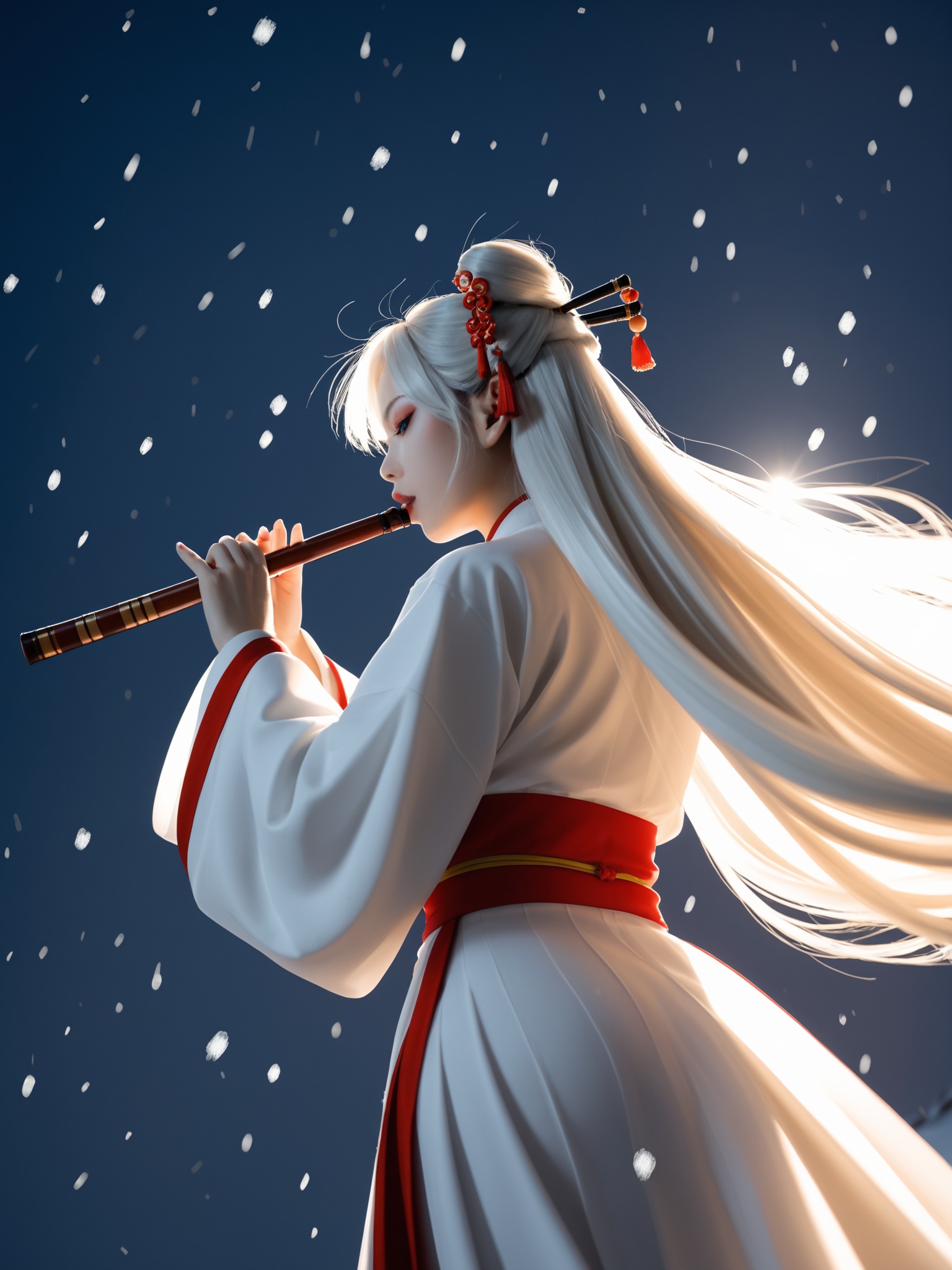 (white long hair), A white Hanfu woman playing the flute, traditional Chinese flute, The wind blew her hair and clothes, from below, low angle shot, backlighting, snowing, winter,hair ornament, makeup, looking back,