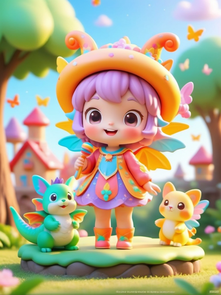 (Blind Box Toy Style: 1.3)， 3D masterpiece starry masterpiece， colorful and cute theme， a little girl， cute， innocent， rosy cheeks， floral dress， (sparkling headdress: 1.2)， wand， (talking animal companion: 1.3)， magical forest， colorful butterflies， magical creatures， (friendly dragon: 1.1)， castle， rainbow， (floating fairy: 1.1)， (huge lollipop: 0.9)， (candy house: 1.2)， (wishing well: 1.1)， sparks， Happiness， Adventure (Storybook: 1.1)， Fantasy， Fantasy， and Fantastic (Ray Tracing， HDR， Illusory Rendering， Reasonable Design， High Detail， Masterpiece， Best Quality， Ultra high Definition),,<lora:manghe_v1-000010:0.8>