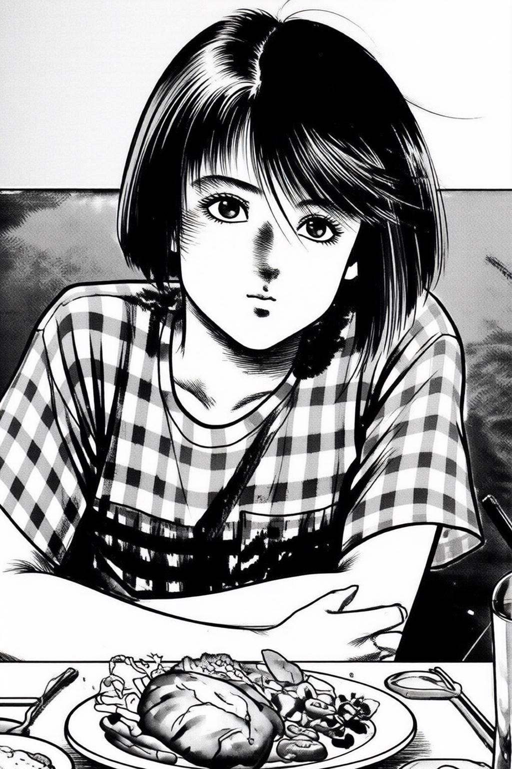 ryoichiikegami2q illustration. Black and white drawing.A young girl short,  straight black hair styled in a bob cut. There...