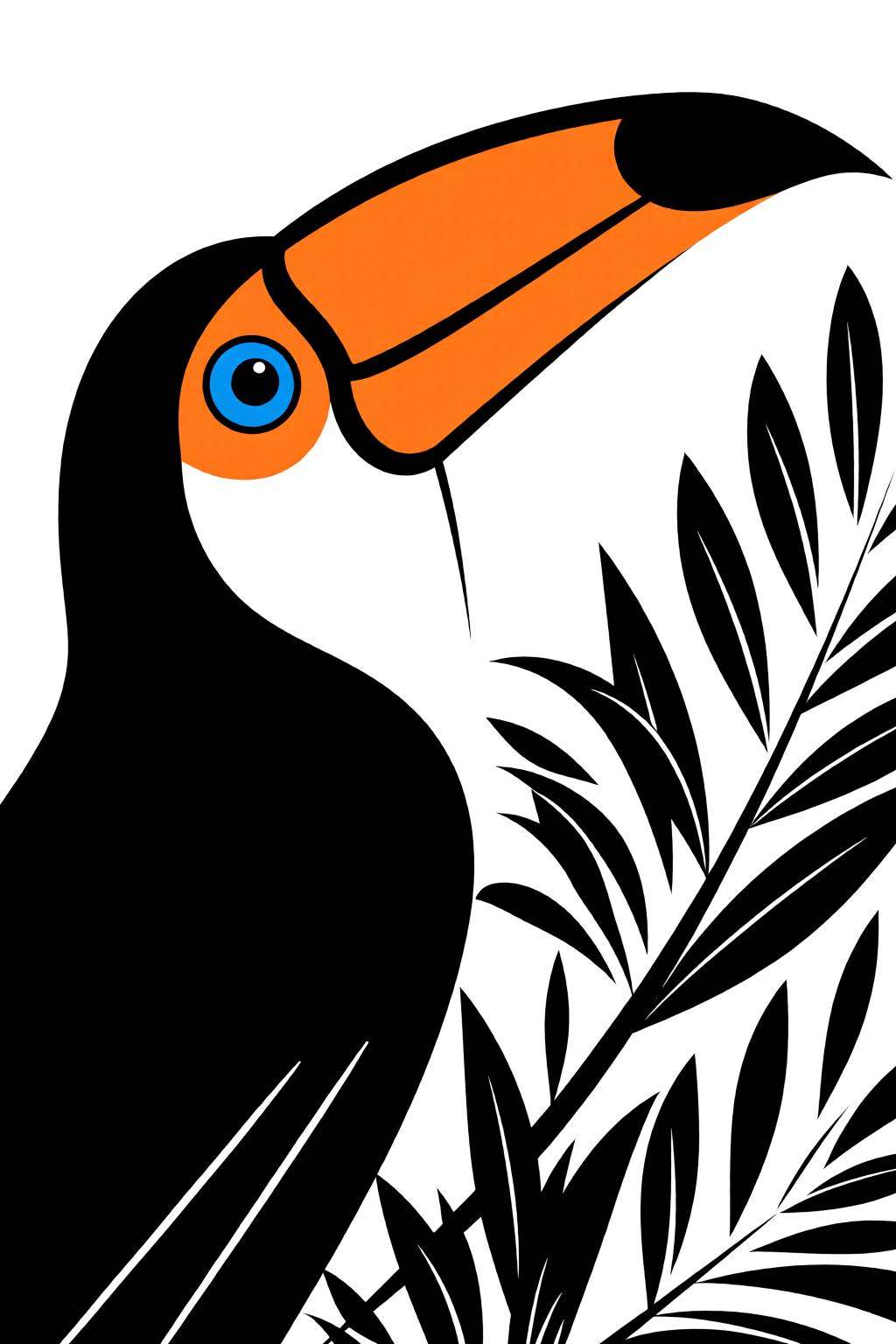 flatcolorvectorart2q illustration.A toucan with a large orange beak and blue eye is visible. Black and white leaves partia...