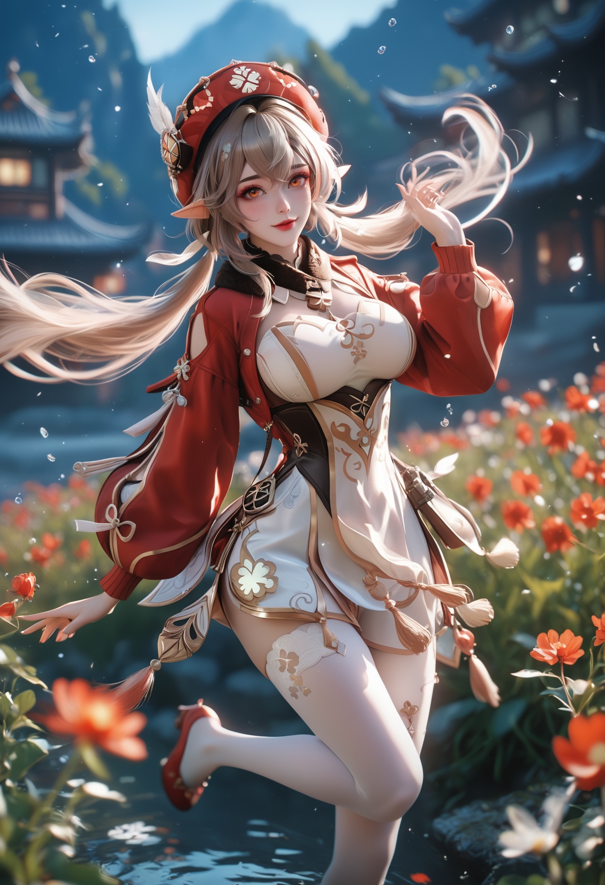 XUER gufeng,<lora:绪儿古风XUER gufeng:0.6>,<lora:GoodHands-beta2XL:1>,score_9,score_8_up,score_7_up,score_6_up,highres,night,aesthetic,blush,(large breasts,big ass,large thigh,thigh gap,large hips,thin waist),k-pop idol,miss korea,korean beauty,BREAKmasterpiece,raw,realistic,high-resolution,(detailed),(photograpy),(photorealistic),(full_body:1.2),seductive smile,large breasts,depth of field,wide_shot,Balancing on one leg with the other raised to the side,BREAK1girl,klee (genshin impact),solo,hat,clover print,pointy ears,twintails,long hair,ahoge,low twintails,bangs,cabbie hat,hair between eyes,sidelocks,hat ornament,red coat,coat,long sleeves,brown scarf,hat feather,smile,scarf,light brown hair,red headwear,simple background,orange eyes,