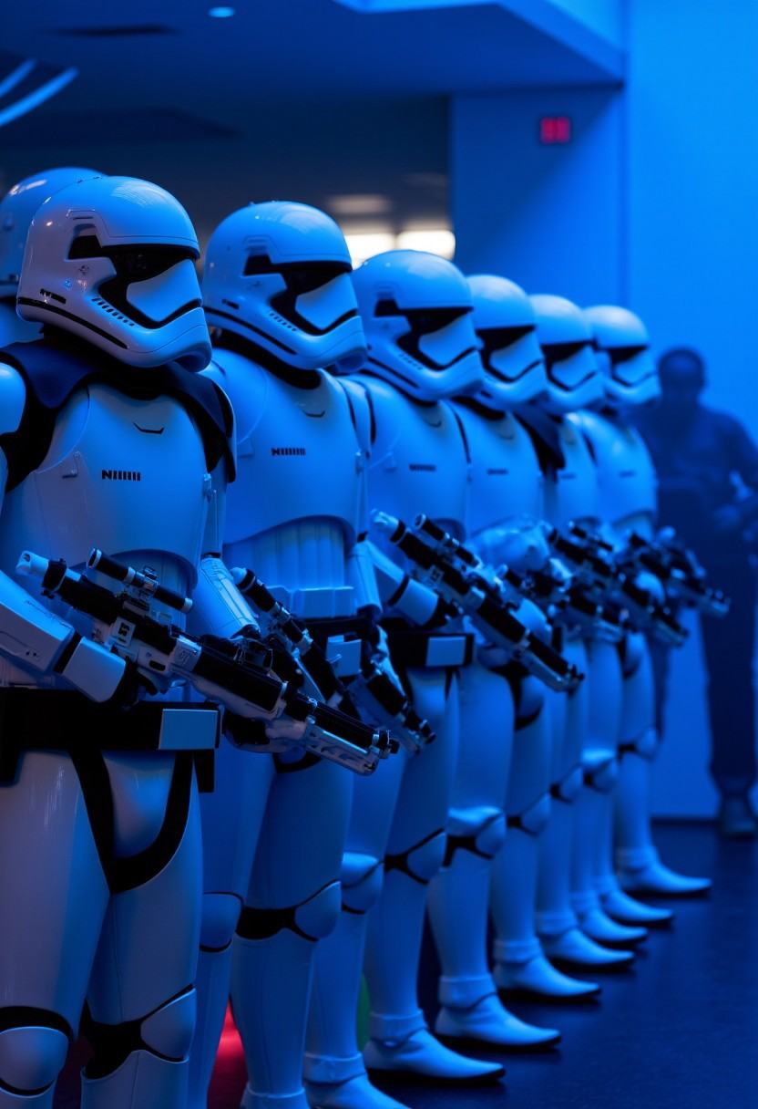 a squad of First Order Stormtroopers standing in a perfectly straight line at attention. The Stormtroopers should be in th...