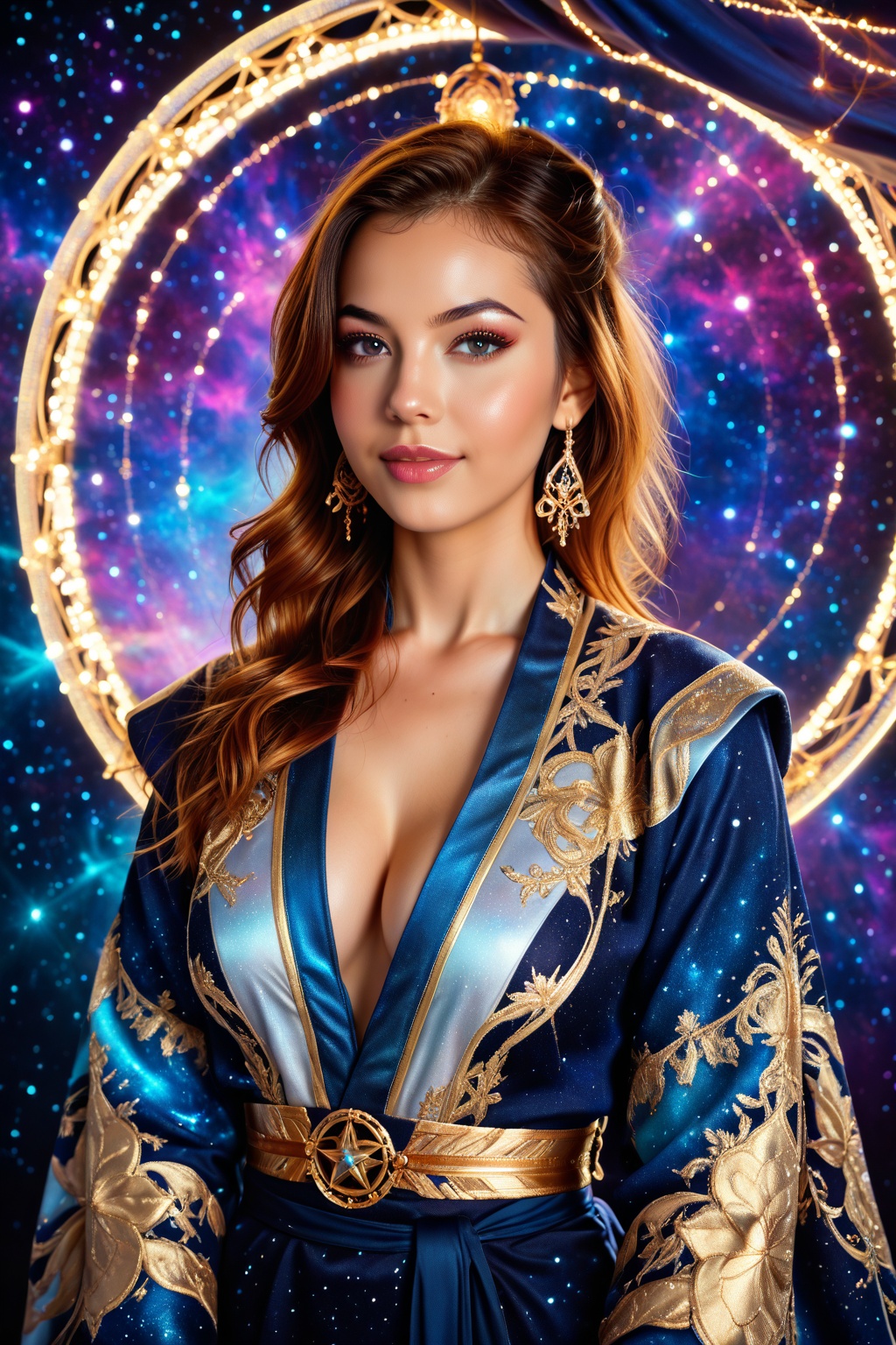 Gorgeous Galactic,  A hyper-realistic portrait of a galactic female with glowing skin that shimmers with the colors of the...