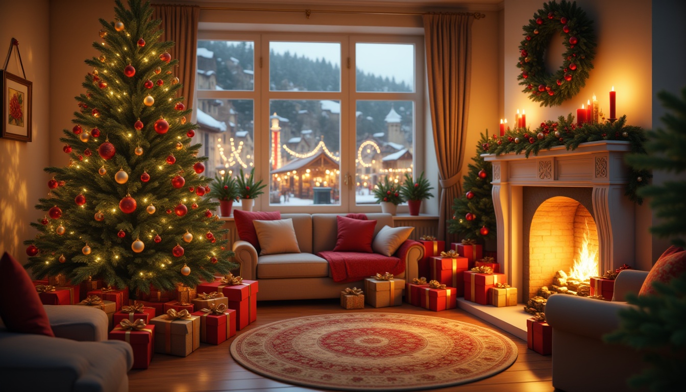 A warm and inviting cozy living room,  bathed in soft golden light,  is adorned with a majestic Christmas tree on the left...