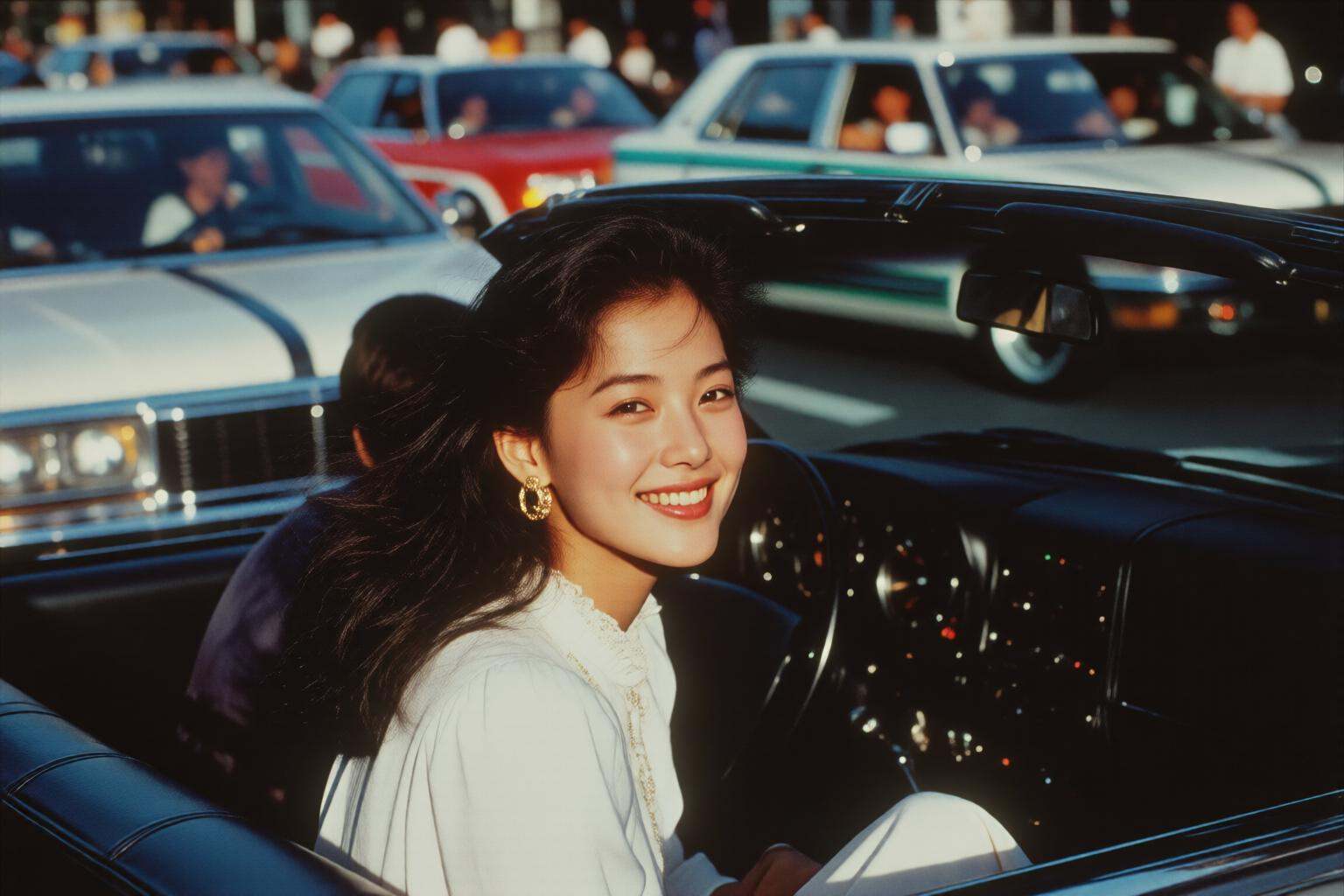midjourneymix10q photograph.A 1980s young Japanese woman,  shown in side profile,  sits in the driver's seat of a converti...