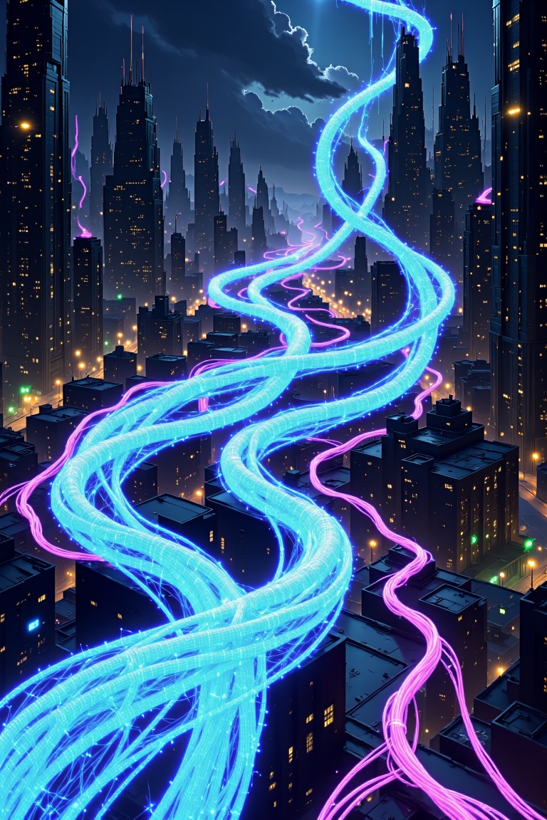 neon_cable,  A biomechanical dragon coiled in the depths of an endless ocean trench. Its obsidian black scales shimmer wit...