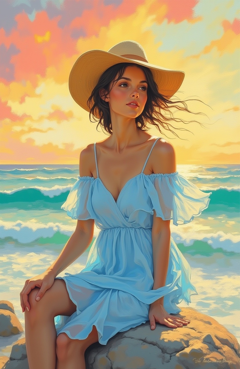 This is an oil painting depicting a 40-year-old brunette of small stature in a flowing light blue off-the-shoulder dress s...