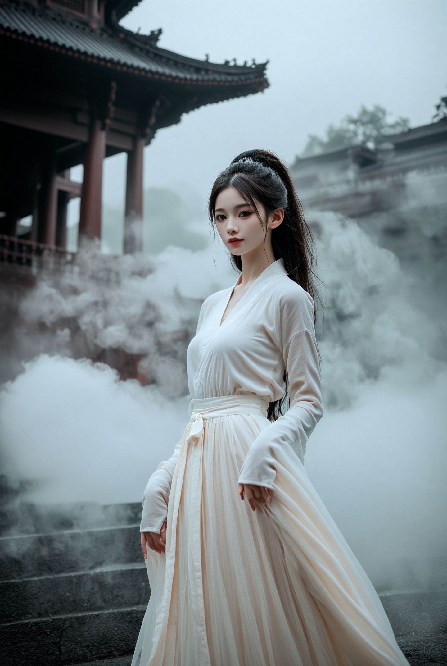 (score_9,score_8_up,score_7_up,score_6),hanfu,simple,(blurry background:1.1),blurry,(blurry foreground:1.1),The painting depicts an ethereal hanfu girl dancing gracefully on the misty clouds of a celestial chinese ancient palace in the heavens. She is clad in an immaculate white robe that floats lightly around her,the long sleeves flowing like mist.Wisps of fog swirl around her,