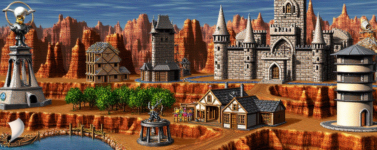 Original HoMM2 style town screen of a fully built Wizard town on a wizard faction background. It contains a Wizard Castle...