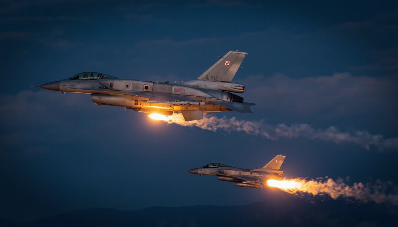 polishF16. The image is a high-resolution photograph capturing a dramatic aerial scene during twilight. Two fighter jets a...