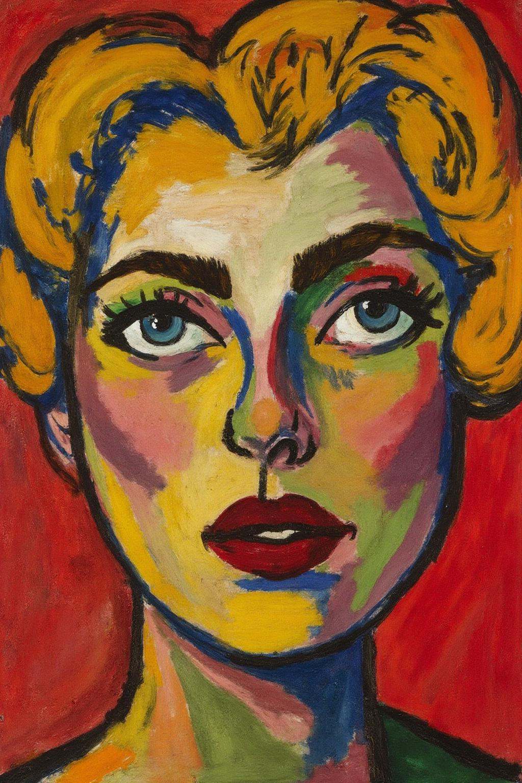 henrylymansayen1 painting.keesvandongen1. A woman's face painted in red and yellow hues. Her eyes are blue with white cent...