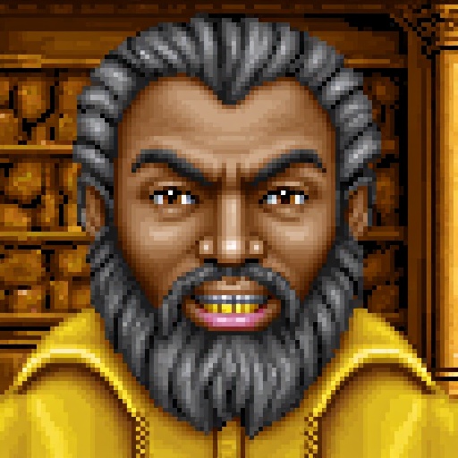 Original HoMM2 style portrait of a warlock with a detailed and expressive face. The character has dark skin and a prominen...