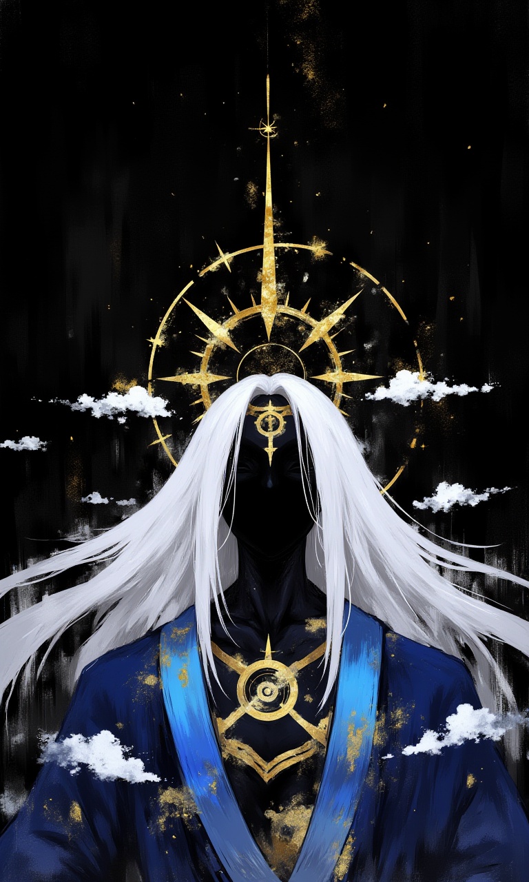 DarkPulse,  The image is a digital illustration of a person with long white hair and a black face. The person is wearing a...