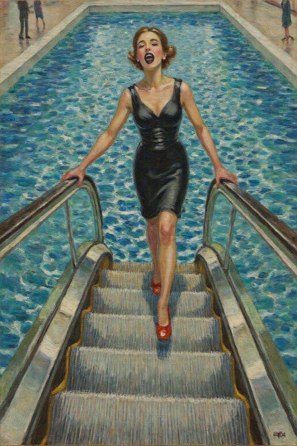 dorotheasharp1 painting. a woman in a chic little black dress and vibrant red high heels,  gracefully descending an escala...