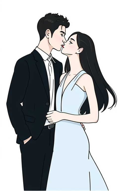 huahua,A man and a girl,kiss,suit for boys,evening dress for girls,Black Hair,cartoons,etc.,with diffuse style,simple strokes,line sketches,light color rendering,flat painting,hand-painted cartoon style,(white_background),