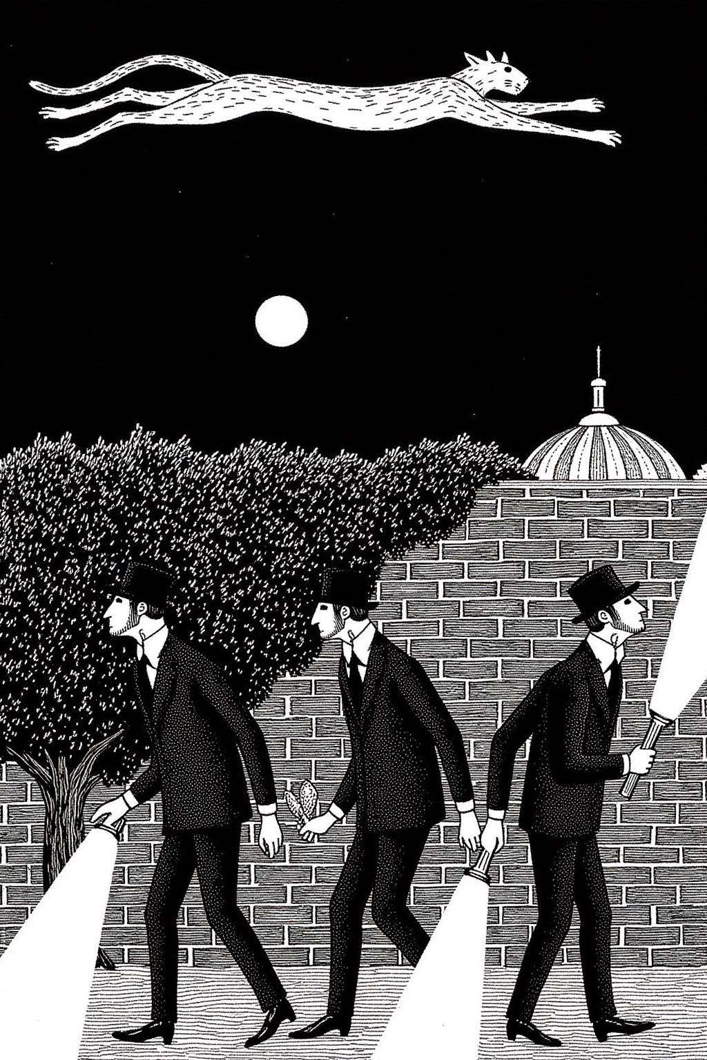 edwardgorey1 illustration.Three men in suits and bowler hats,  each holding a flashlight towards a brick wall,  walk in a...
