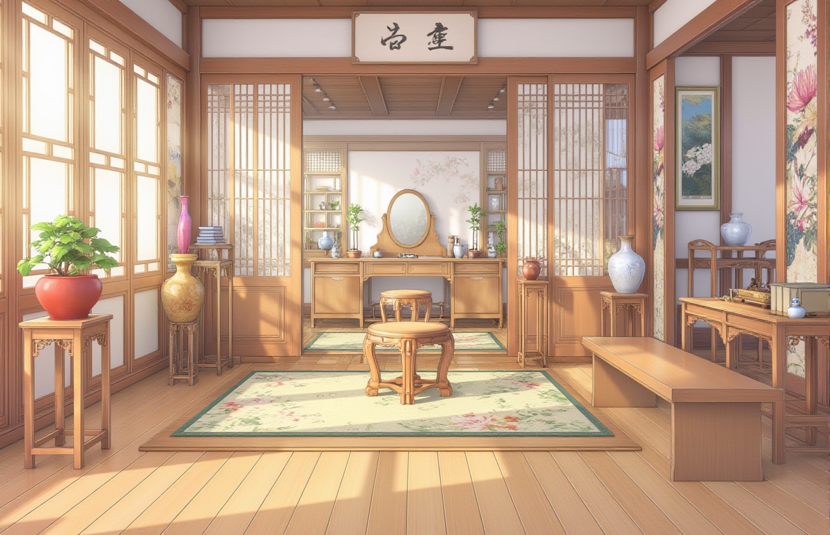 guo_feng_chang_jing,A serene and traditional Japanese room with a tatami mat floor,sliding doors revealing another space,wooden furniture,floral wallpaper,and decorative elements. a wooden desk,and a wooden bench. The desk is adorned with a mirror,adding a touch of color to the scene. To the left of the desk,a red pot with a green leafy plant is placed on a wooden stool. The floor is **** of light-colored wood planks,Digital painting,