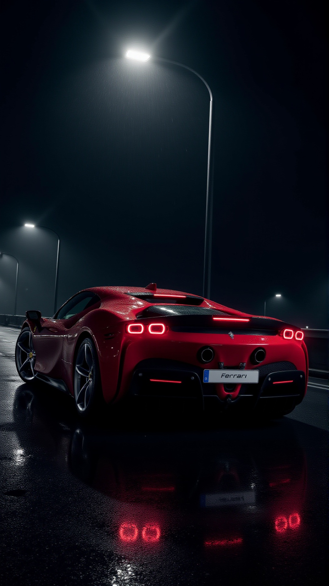 A rain-soaked night shot of the aidmaFerrariSF90 with clean white licence plate parked under a dimly lit streetlamp. Raind...