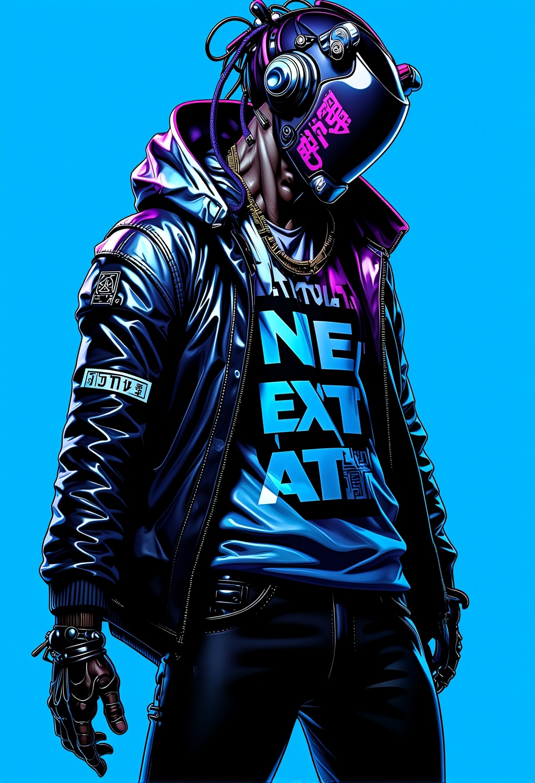 In the style of surrealism,  a cyberpunk warriorin front of a solid electric blue background,  (with the text "Neon Art St...
