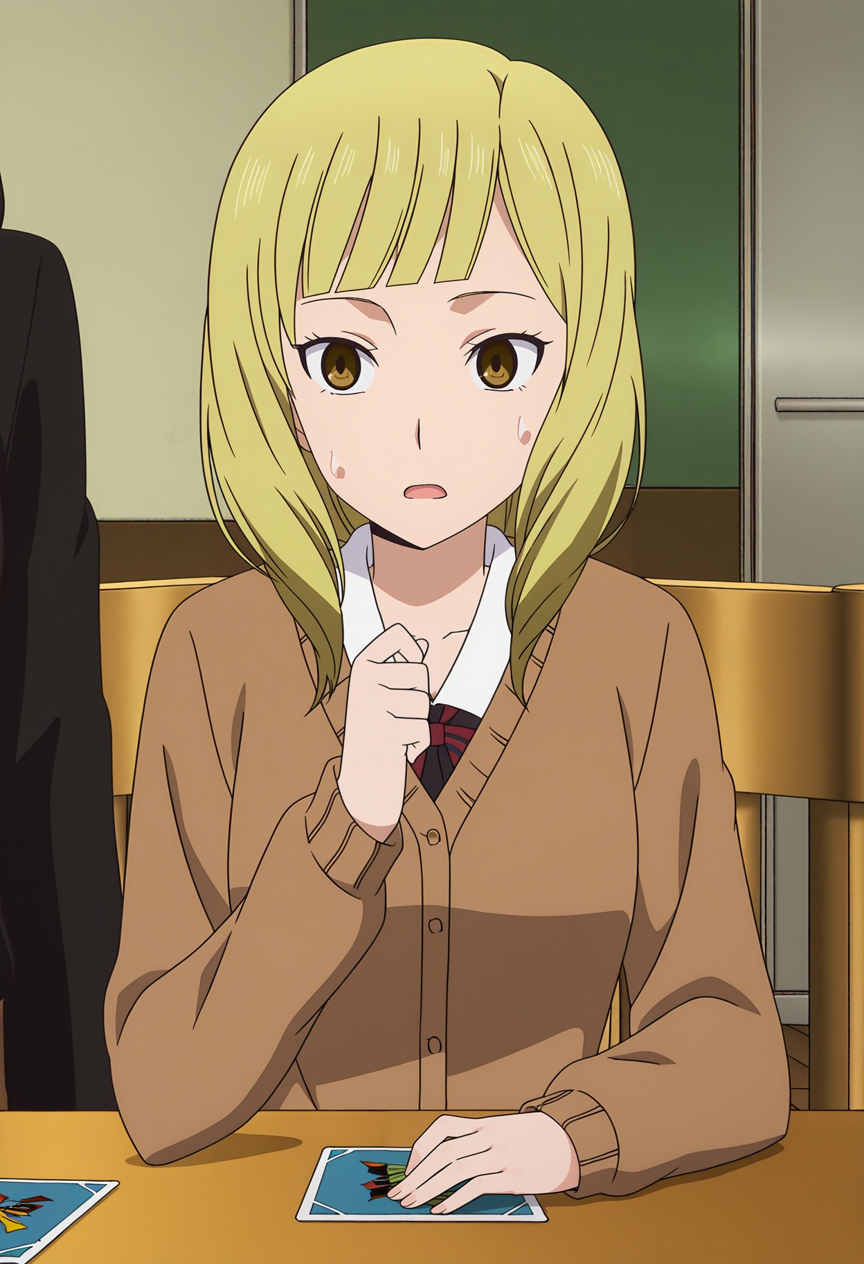 <lora:Onodera Rei_illustrious-000058:1>,Onodera Rei,school uniform,sitting,sweatdrop,cardigan,out of frame,long sleeves,open mouth,table,card,chair,anime screencap,blonde,