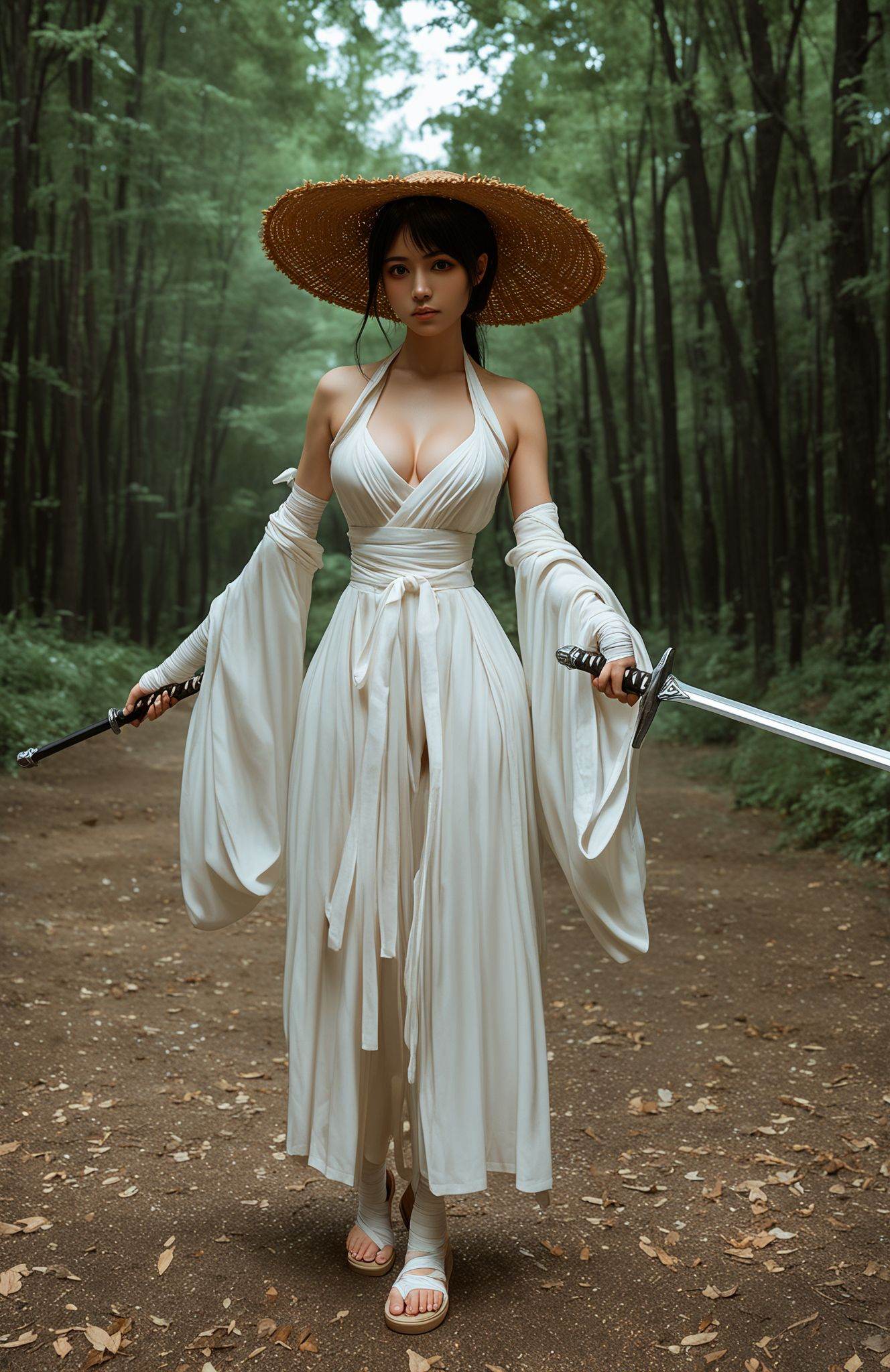 score_9,score_8_up,score_7_up,score_6_up,score_5_up,hanfu,hanfudatuyouhua,1girl,sword,weapon,solo,breasts,sarashi,hat,holding,nature,outdoors,black hair,cleavage,straw hat,realistic,holding weapon,holding sword,tree,chest sarashi,looking at viewer,sandals,medium breasts,bandages,bare shoulders,forest,hanfu,wide sleeves,long sleeves,sleeves past fingers,