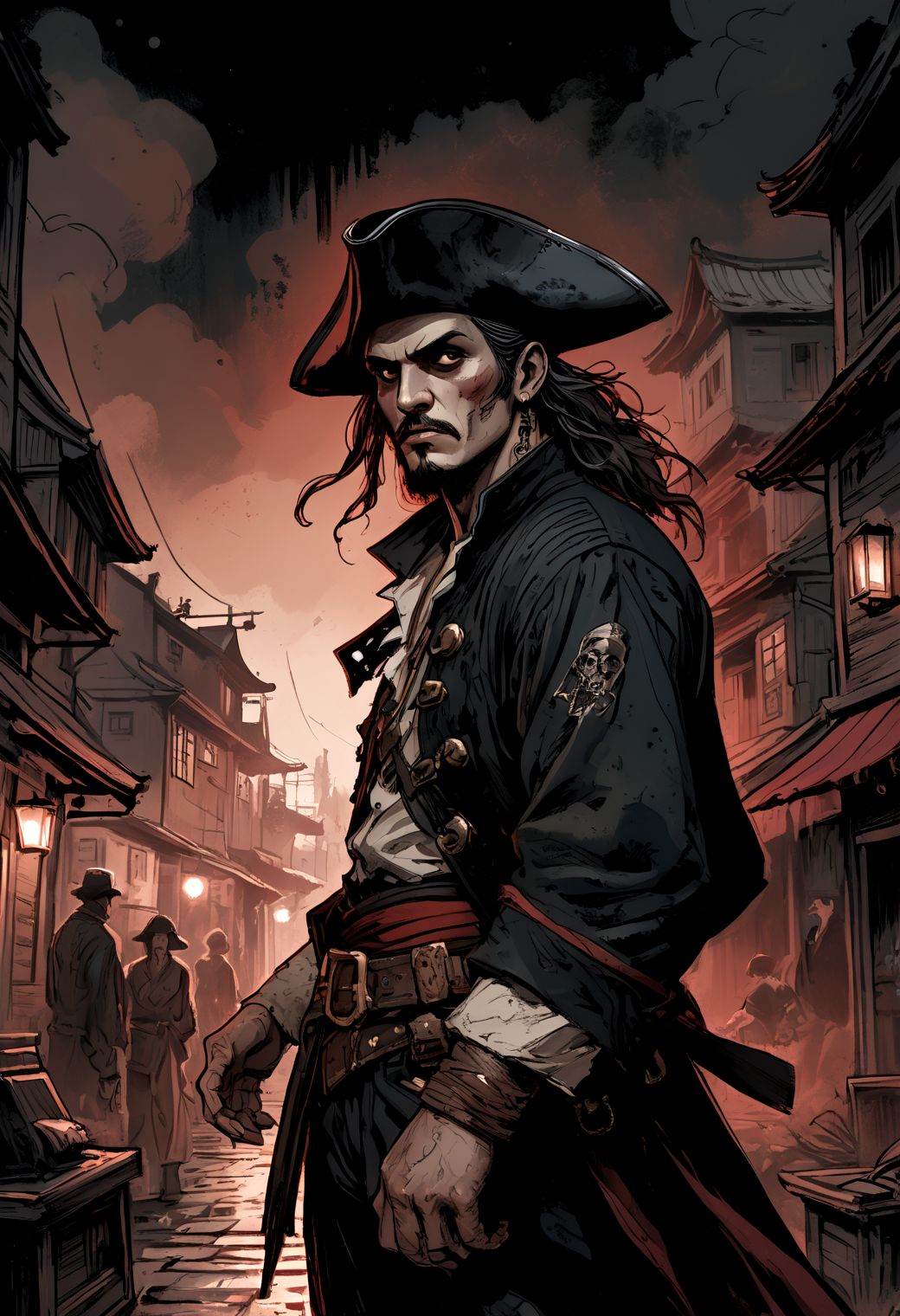 sketch,  A pirate illustrated in a Manga-Fusion Action Scene,  blending Western comic aesthetics with Japanese manga dynam...
