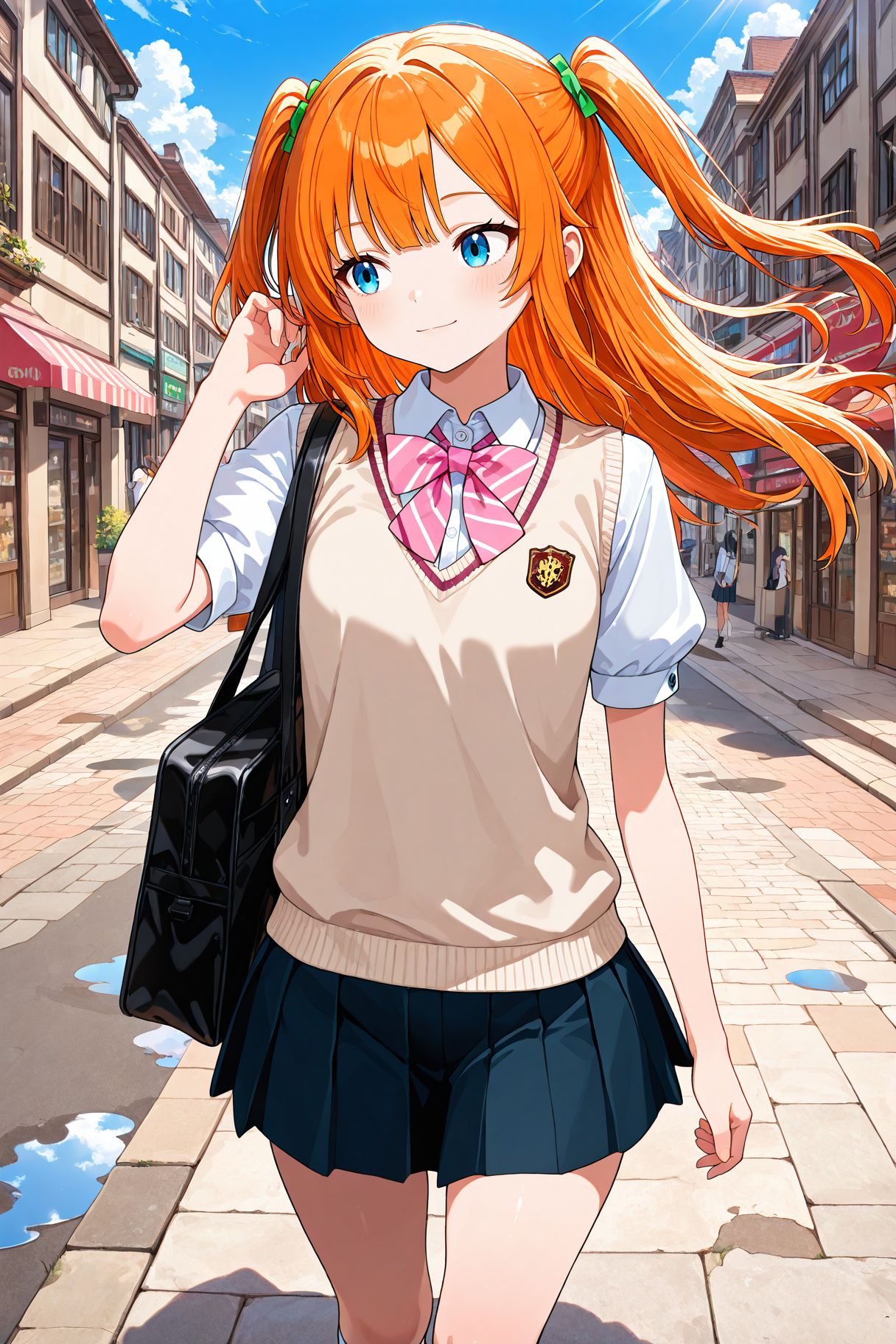 masterpiece,  best quality,  BREAKA girl is walking through the city. She has blue eyes and orange hair on Tensor.Art