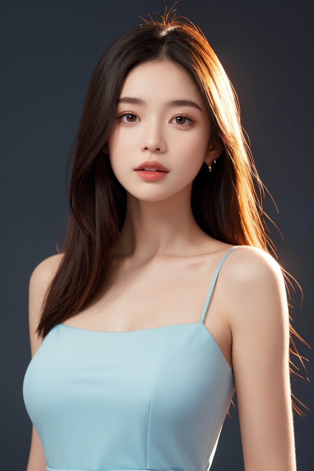 girl, upper body, looking at viewer, dress, simple background, <lora:AgainChangeFaceLora:0>
