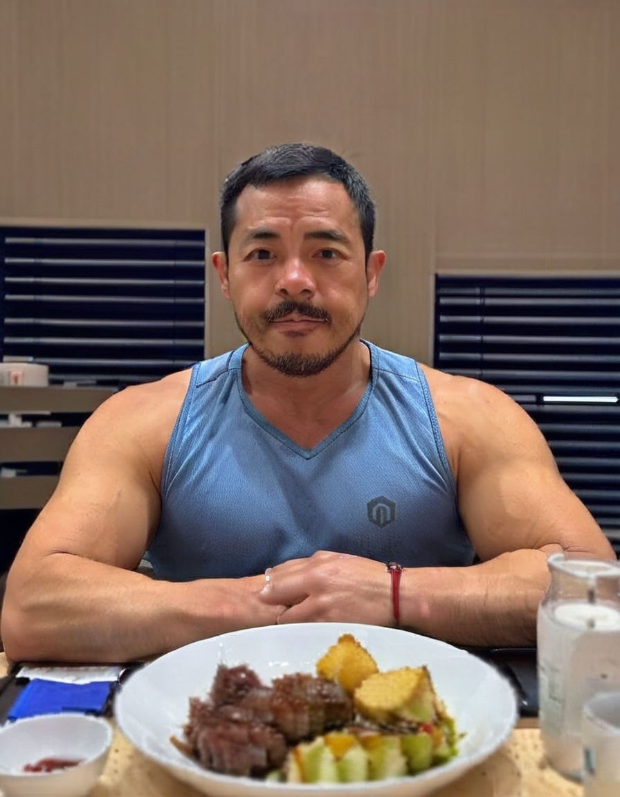 (score_9, realistic, score_8_up:1.3), score_7_up, raw, photo realistic,  HD,8K,1boy, bara, black hair, blue shirt, cnjipan, facial hair, indoors, mustache, photo background, pov across table, realistic, shirt, short hair, sitting, sleeveless <lora:SDXL_亚洲壮男CNJIPAN.ta:1>