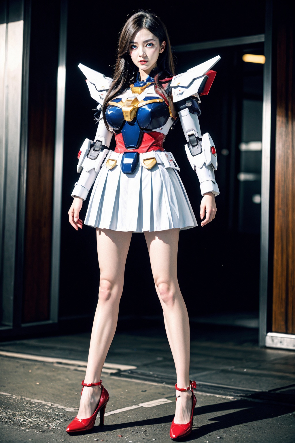1girl, (gundam:1.2), (armor:1.1), large breasts, short skirt, high heel shoes