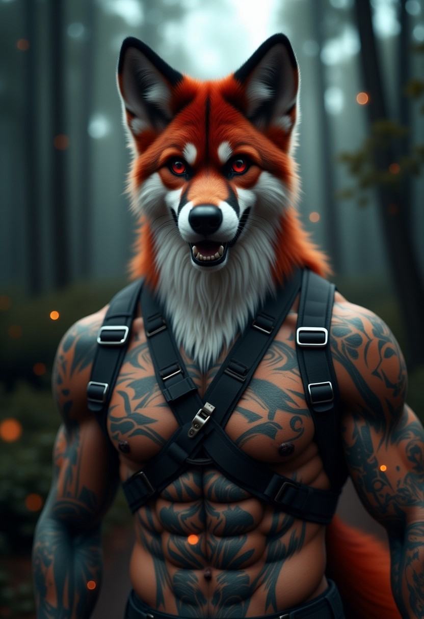 Fox male, alone, forest background, looking at the camera, muscular, multiple tattoos all over the body, wearing harness, gayharness, red eyes, hairy, handsome and sensual man, full moon, movie actor, fireflies, serious expression, ultra-sharp teeth, posing for the camera, complete transformation, cinematographic, movie capture, nipple piercing,