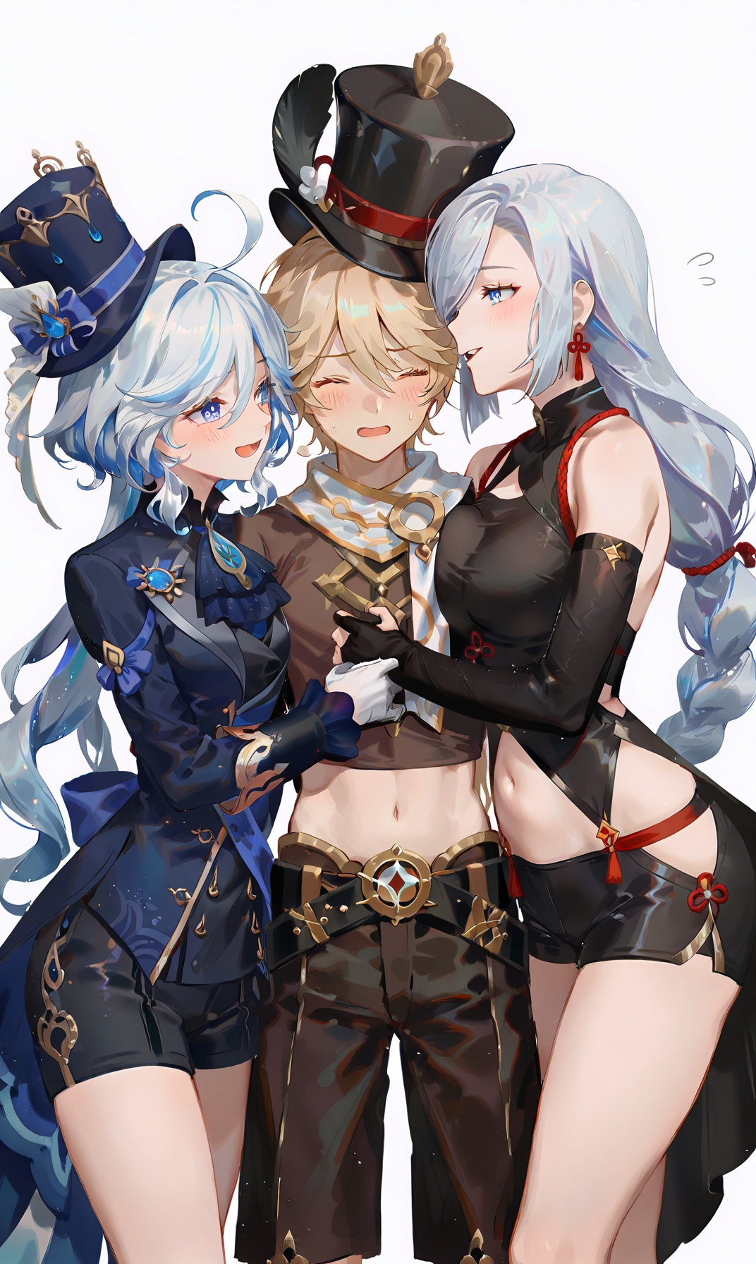 multiple_girls,2girls,1boy,furina_\(genshin_impact\),blonde_hair,ahoge,long_hair,aether_\(genshin_impact\),shenhe_\(genshin_impact\),scarf,gloves,white_scarf,blue_hair,blue_eyes,sandwiched,girl_sandwich,breasts,navel,shorts,hat,black_gloves,top_hat,ascot,jacket,blue_jacket,white_hair,open_mouth,closed_eyes,jewelry,black_ascot,pants,long_sleeves,short_hair,detached_sleeves,midriff,hair_over_one_eye,white_background,braid,hair_between_eyes,smile,blue_ascot,simple_background,shirt,large_breasts,bare_shoulders,white_gloves,thighs,sweatdrop,arm_hug,earrings,multicolored_hair,hair_ornament,looking_at_another,asymmetrical_gloves,very_long_hair,short_shorts,dress,black_pants,blue_headwear,blush,holding_another's_arm,light_blue_hair,official_alternate_costume,black_shorts,cowboy_shot,black_shirt,stomach,brown_shirt,crop_top,standing,, best quality,amazing quality,very aesthetic,absurdres,masterpiece,