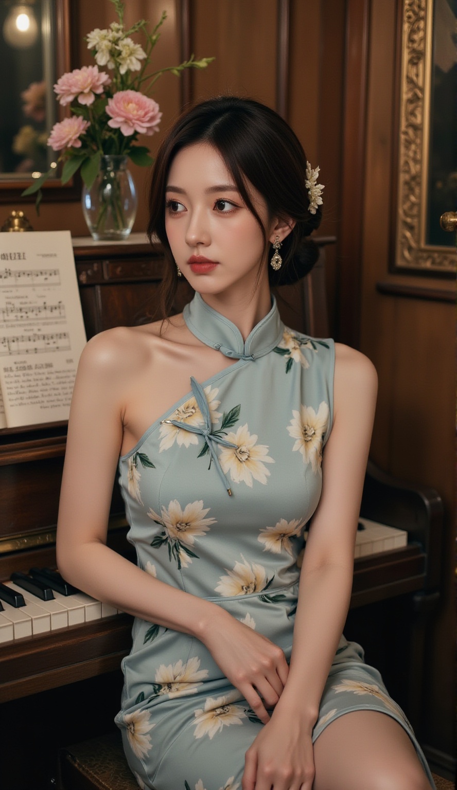 Cheongsam,Elegant woman in a traditional Chinese dress, seated at an antique piano with music sheet and flowers.
