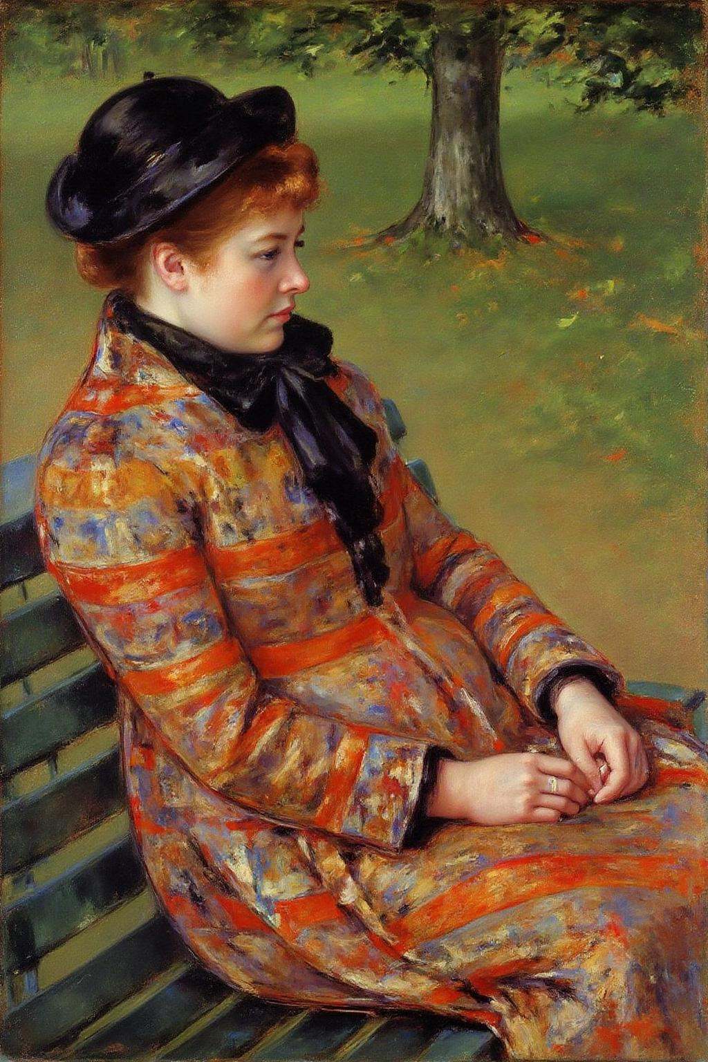 marycassatt1 painting.A woman sitting on a bench outdoors. She is positioned in profile,  facing slightly to the right,  w...