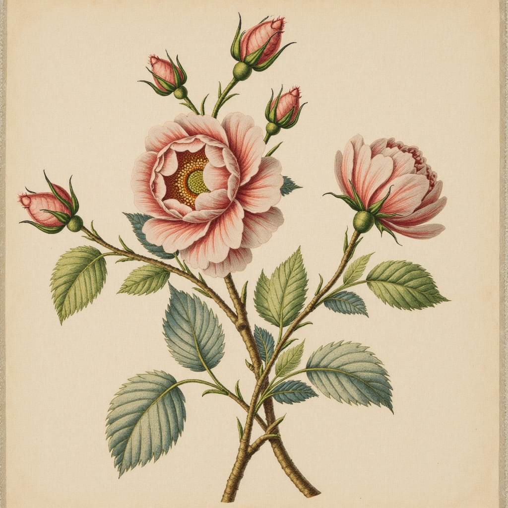 embroidery,there is a drawing of a flower on a branch with leaves,botanical print,ink and muted colours on silk,painted on silk,1 8 3 0 s style painting,floral embroidery,rosa bonheurn,translucent roses ornate,Anne Nasmyth,depicting a flower,ink and colours on silk,inlaid with gold rococo,rose-brambles,mary delany,ink and colour on silk,Charles Willson Peale,embroidered brocade,Rubens Peale,Jane Nasmyth,gilt silk fabric,botanical artwork,coloured lithograph engraving,painting on silk,18th century painting,1 8 5 0 s style painting,botanical drawing,Mary Moser,Nathaniel Pousette-Dart,botanical illustration,18th century drawing,flowing salmon-colored silk,Master of the Embroidered Foliage,bureau of engraving and printing,