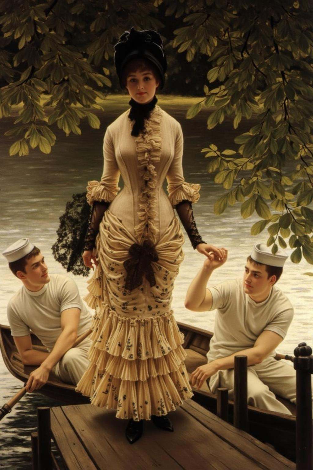 jati1 painting of a serene late 19th-century Victorian era riverside setting with a woman and two men. The woman stands at...